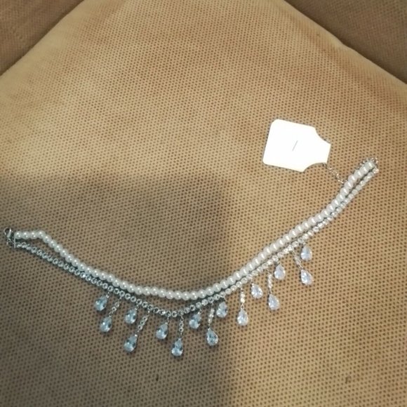 Tear Drop Blue rhinestone Pearls Diams Costum Necklace Woman Silver Color J3 - Picture 3 of 9